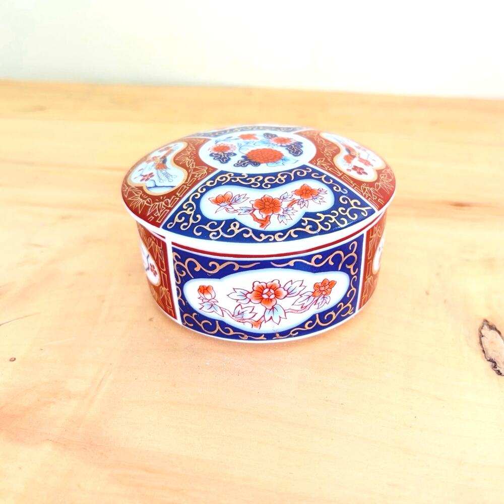 Vtg Japanese Imari Porcelain Trinket Jewelry Box Asahi Japan 1970's Vanity Dish